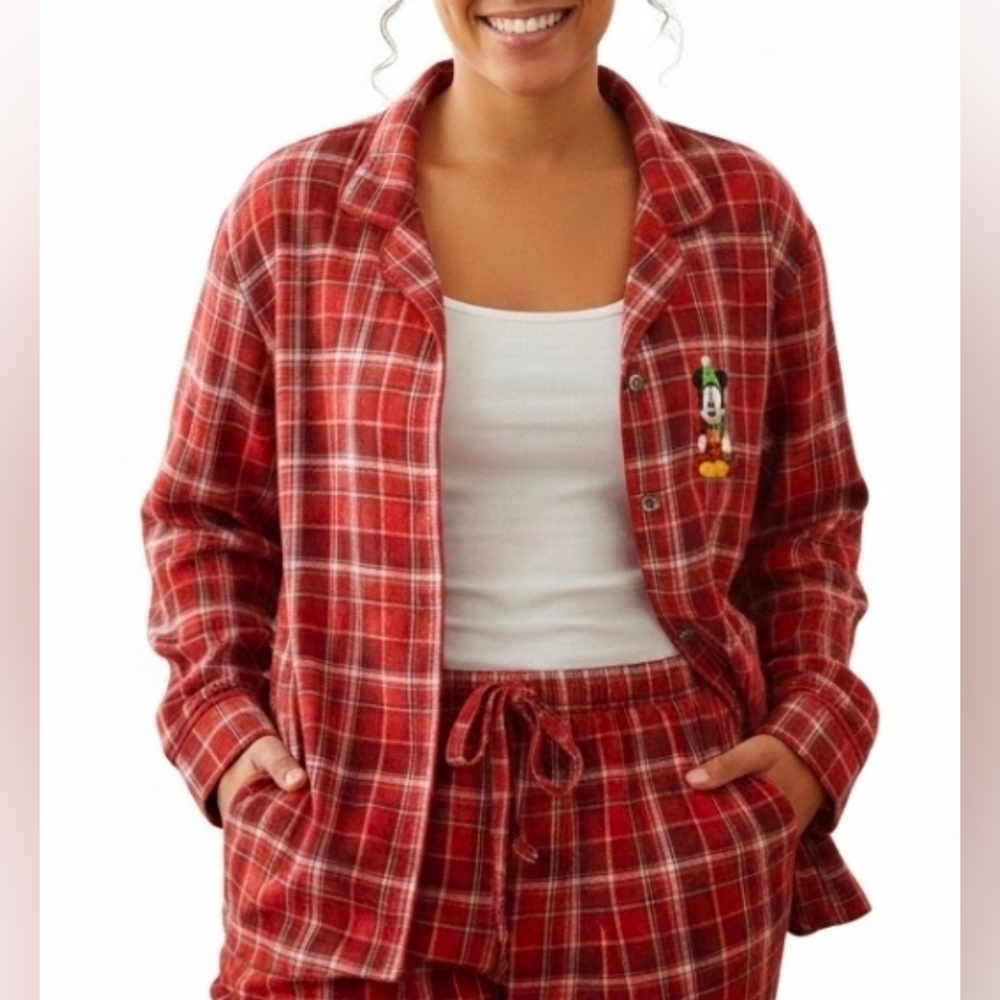 Disney Red Plaid Flannel Pajama Top with Mickey Size Medium